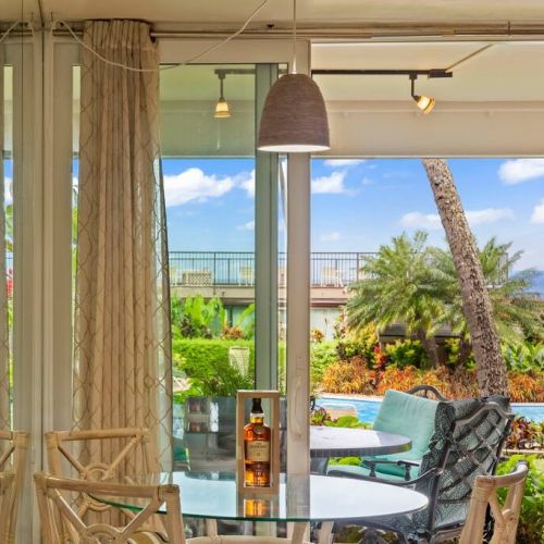 Dining table view with that Maui blue...
