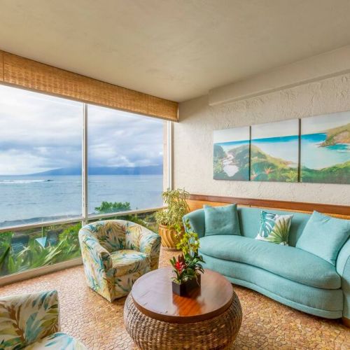 Beautiful ocean view resort lobby.