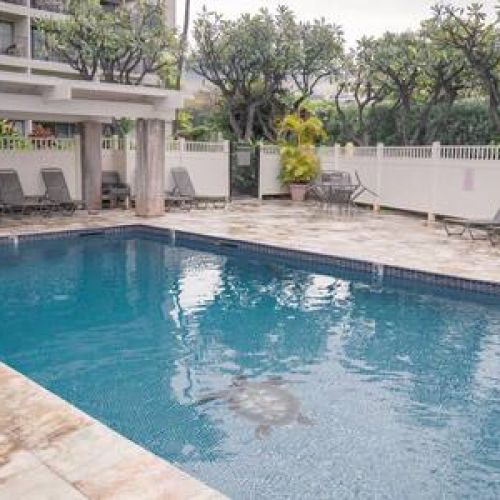 Pool area with seating